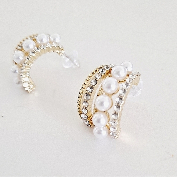 Gold Half Hoop Earrings Pearl Rhinestone Coquette Bridal Wedding Cocktail 💖 - Picture 13 of 16